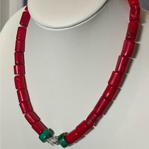 Bamboo Coral Dyed Red w/ 2 Turquoise Beads & Swarovski Crystal Focal Bead